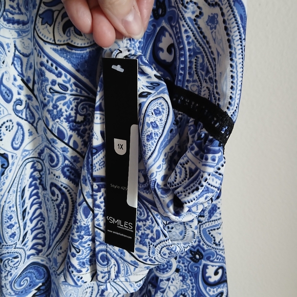 NWT Unique spectrum blue and white black blouse tassle tie 1X - Picture 7 of 12